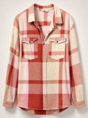Women’s Plaid Button-Up Shirt Jacket in Coral & Cream - 14